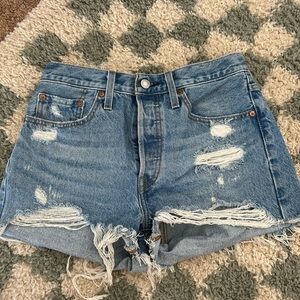 Levi's Blue Distressed Jean Shorts with Frayed Hem